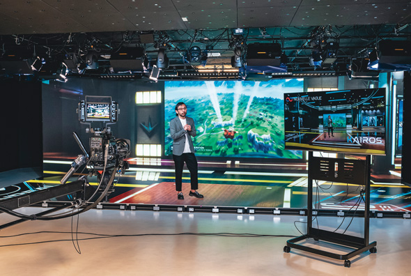 Mixed-reality studio equipped for in-camera VFX. Computer graphics and images projected on a large, high-definition LED screen are combined in real time with performers in the foreground in a fusion of virtual and real worlds.